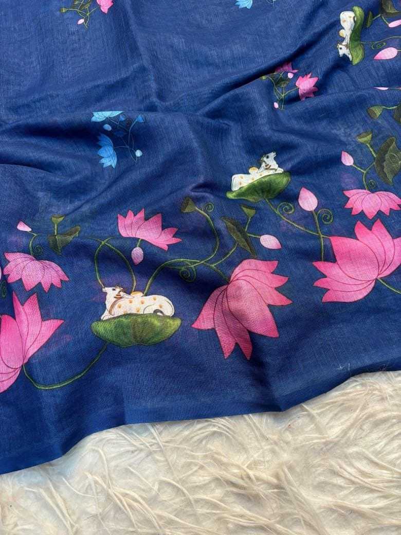 Linen Printed Saree in Sky