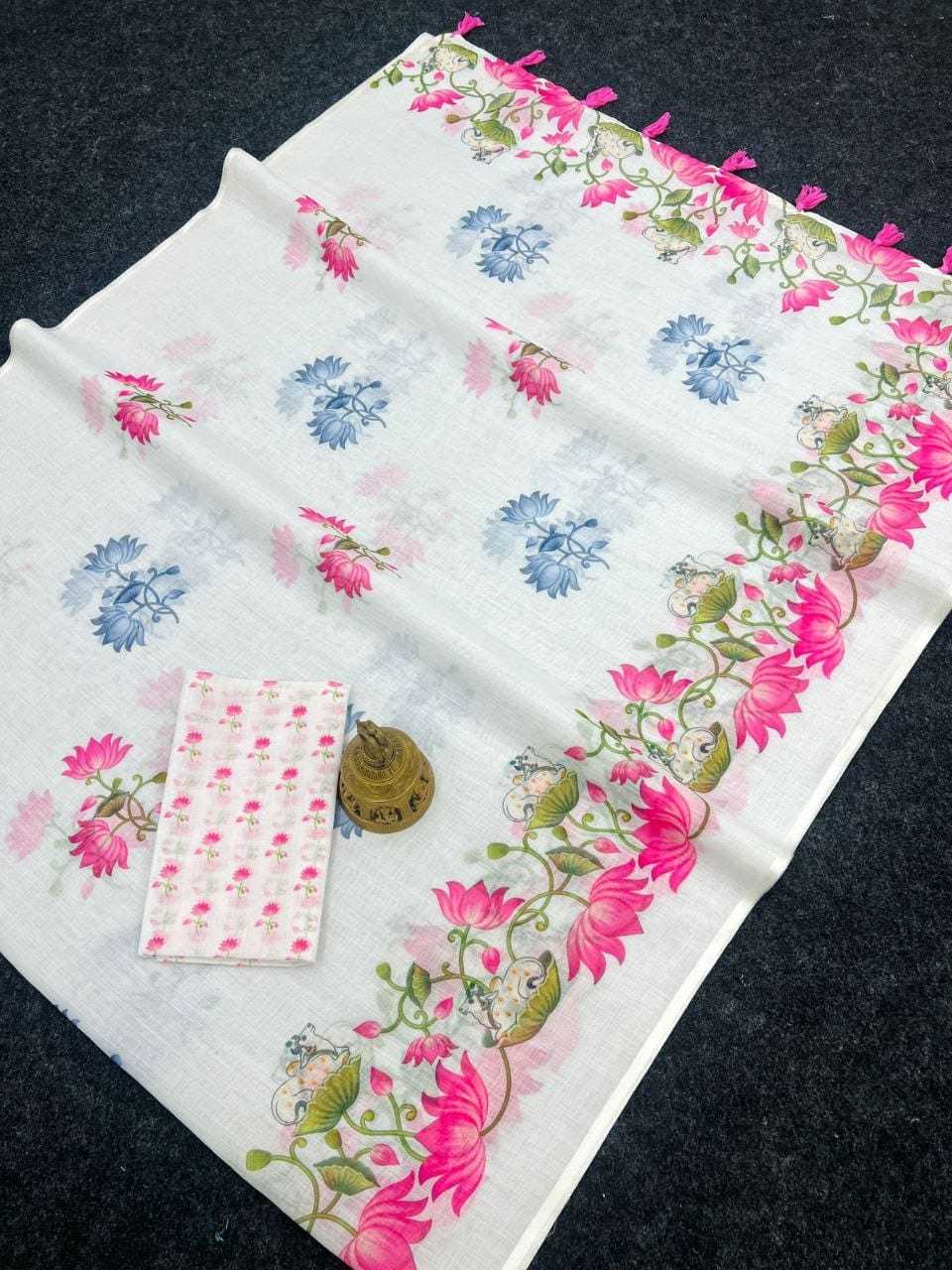 Linen Printed Saree in Sky