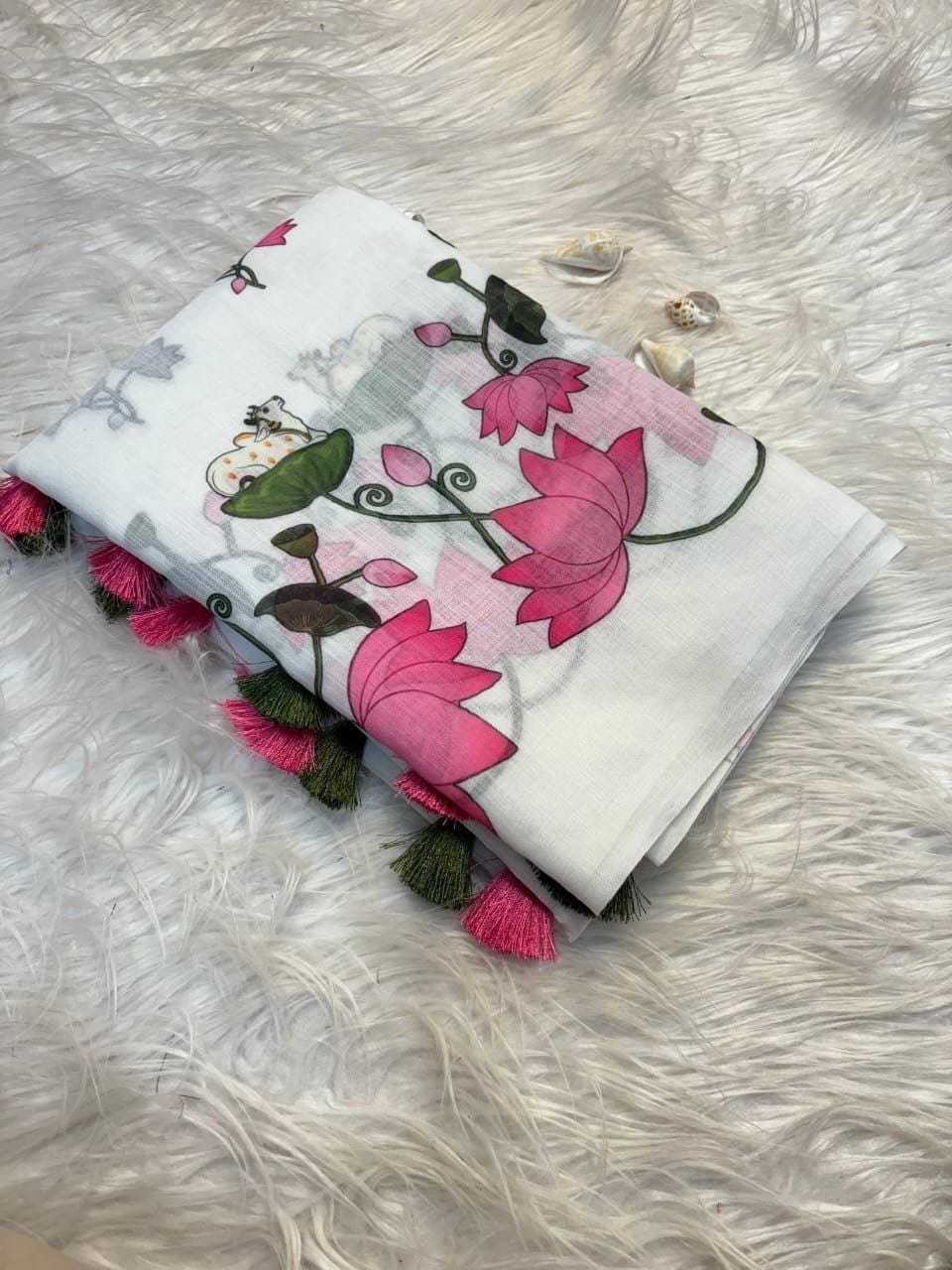 Linen Printed Saree in Sky