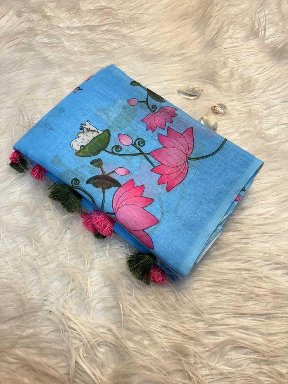 Linen Printed Saree in Sky