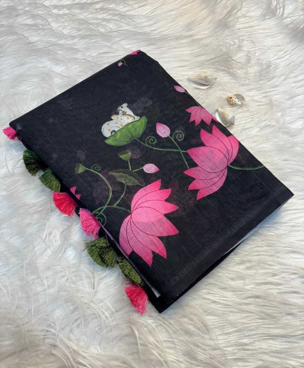 Linen Printed Saree in Sky
