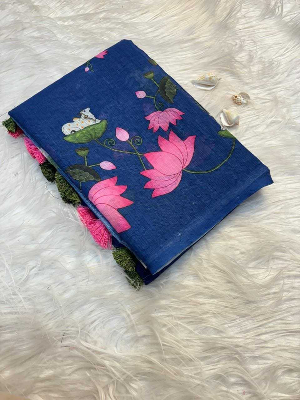 Linen Printed Saree in Sky