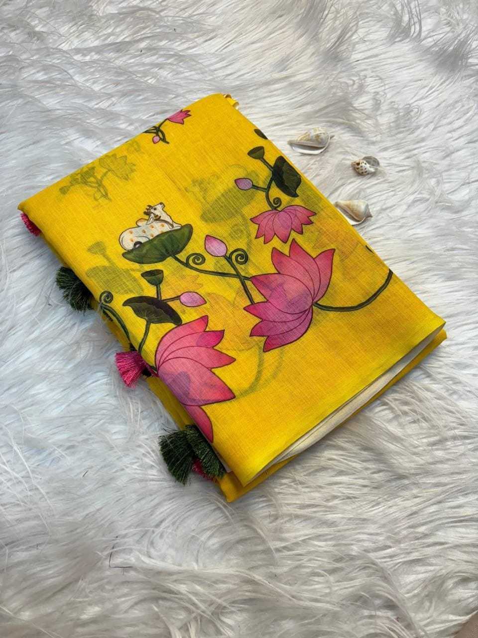 Linen Printed Saree in Sky