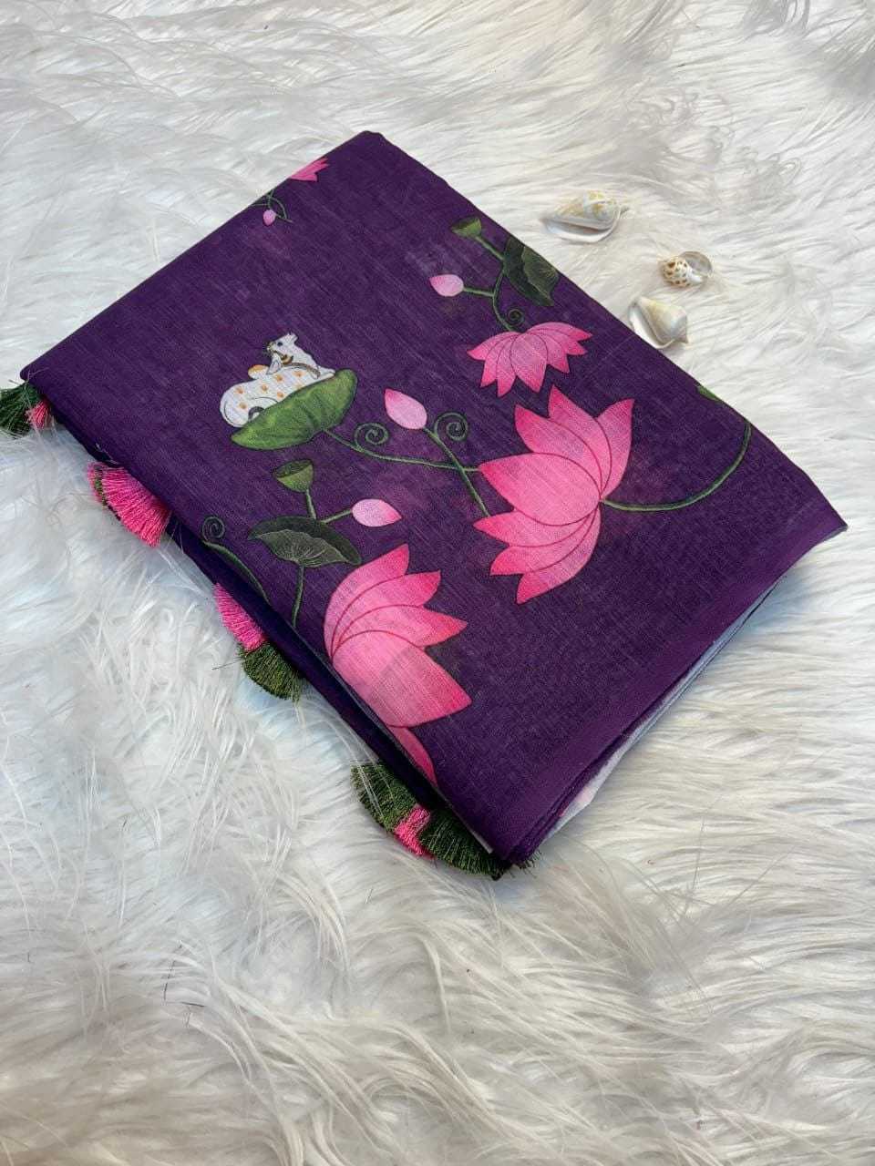 Linen Printed Saree in Sky