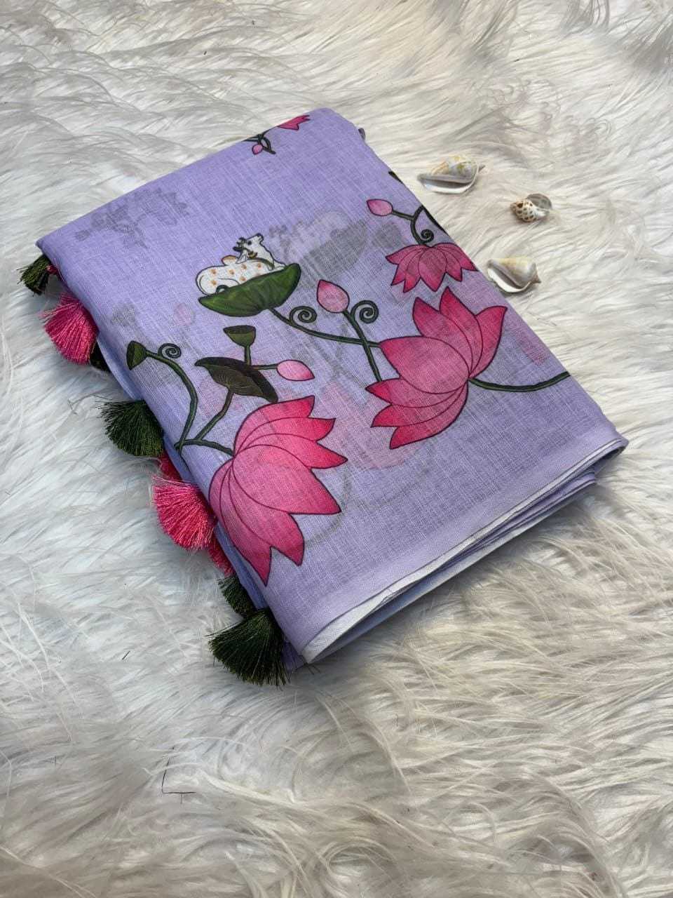 Linen Printed Saree in Sky