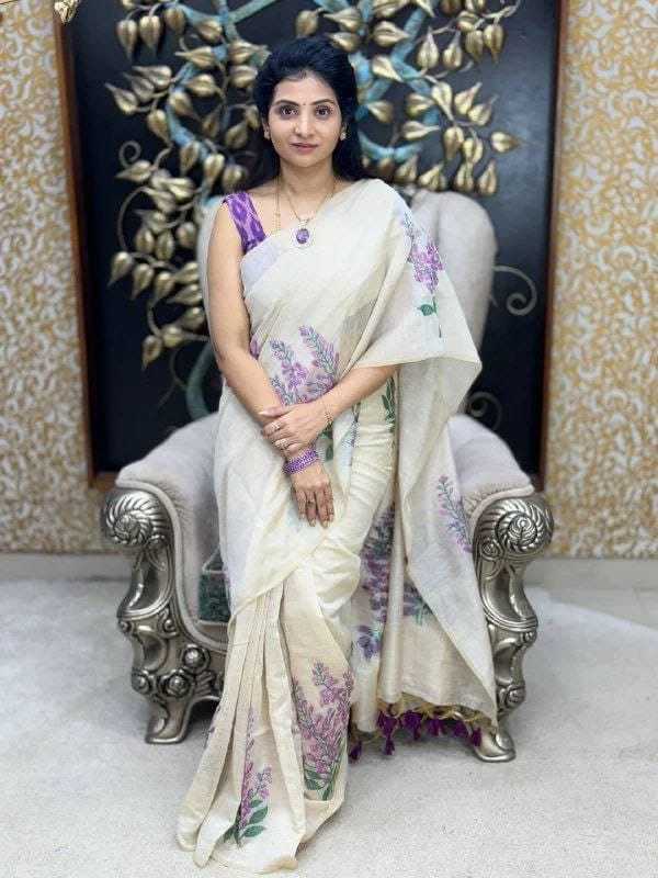 Linen Printed Saree in Lavender
