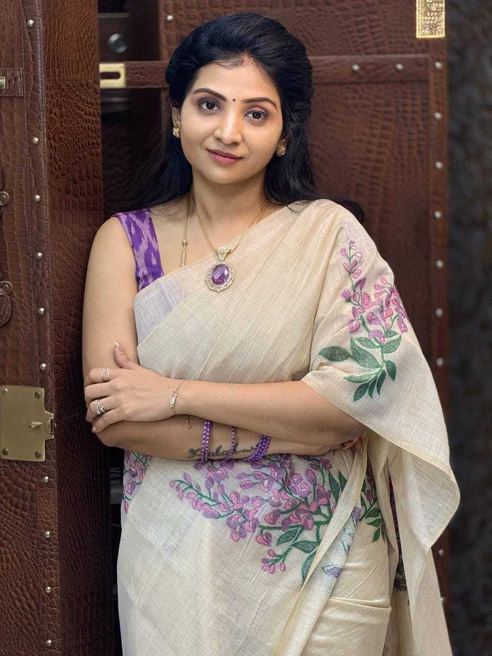Linen Printed Saree in Violet