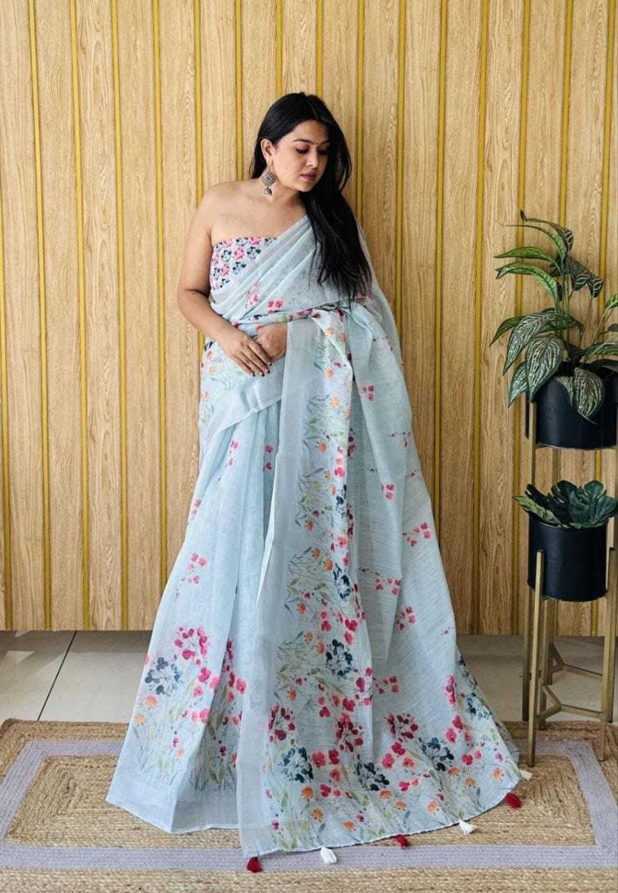 Linen Printed Saree in Cream