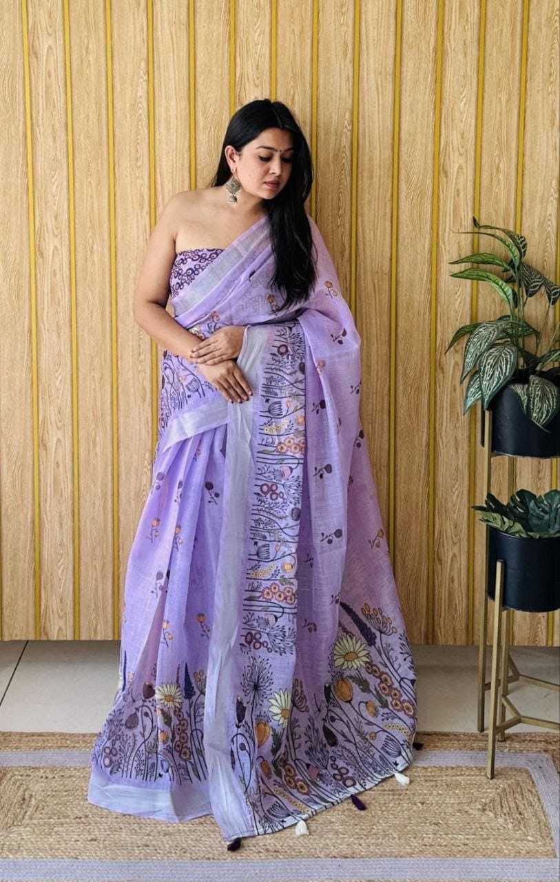 Linen Printed Saree in Cream