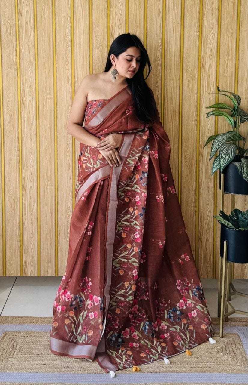 Linen Printed Saree in Cream