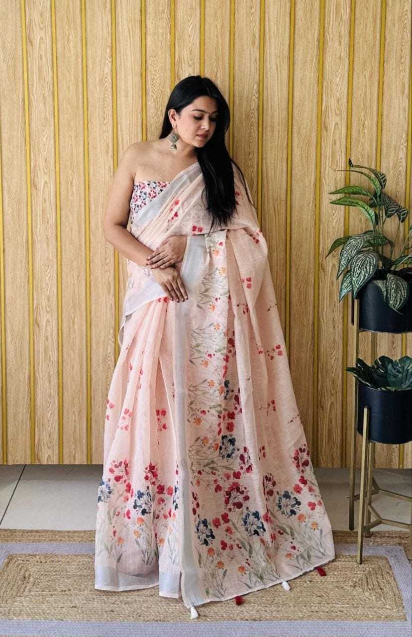 Linen Printed Saree in Cream