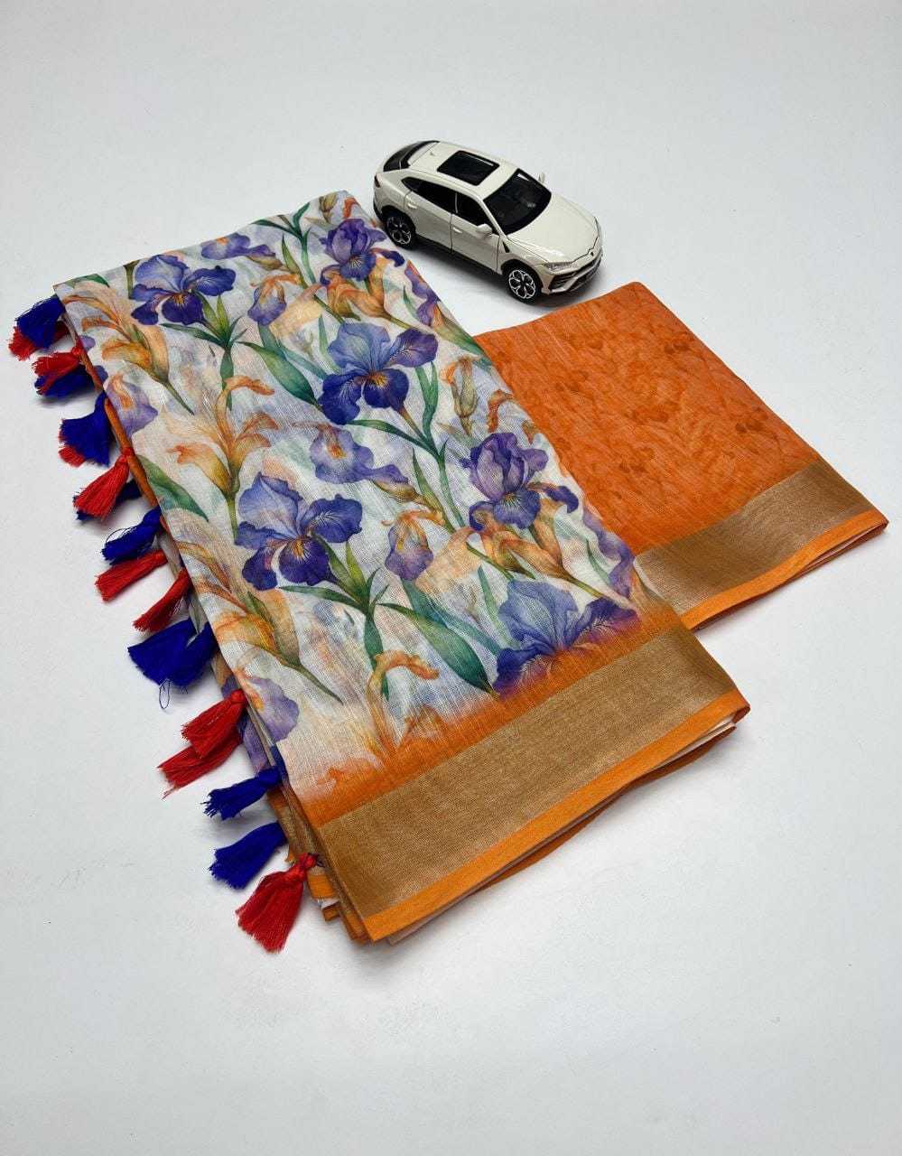 Linen Designer Saree in Orange