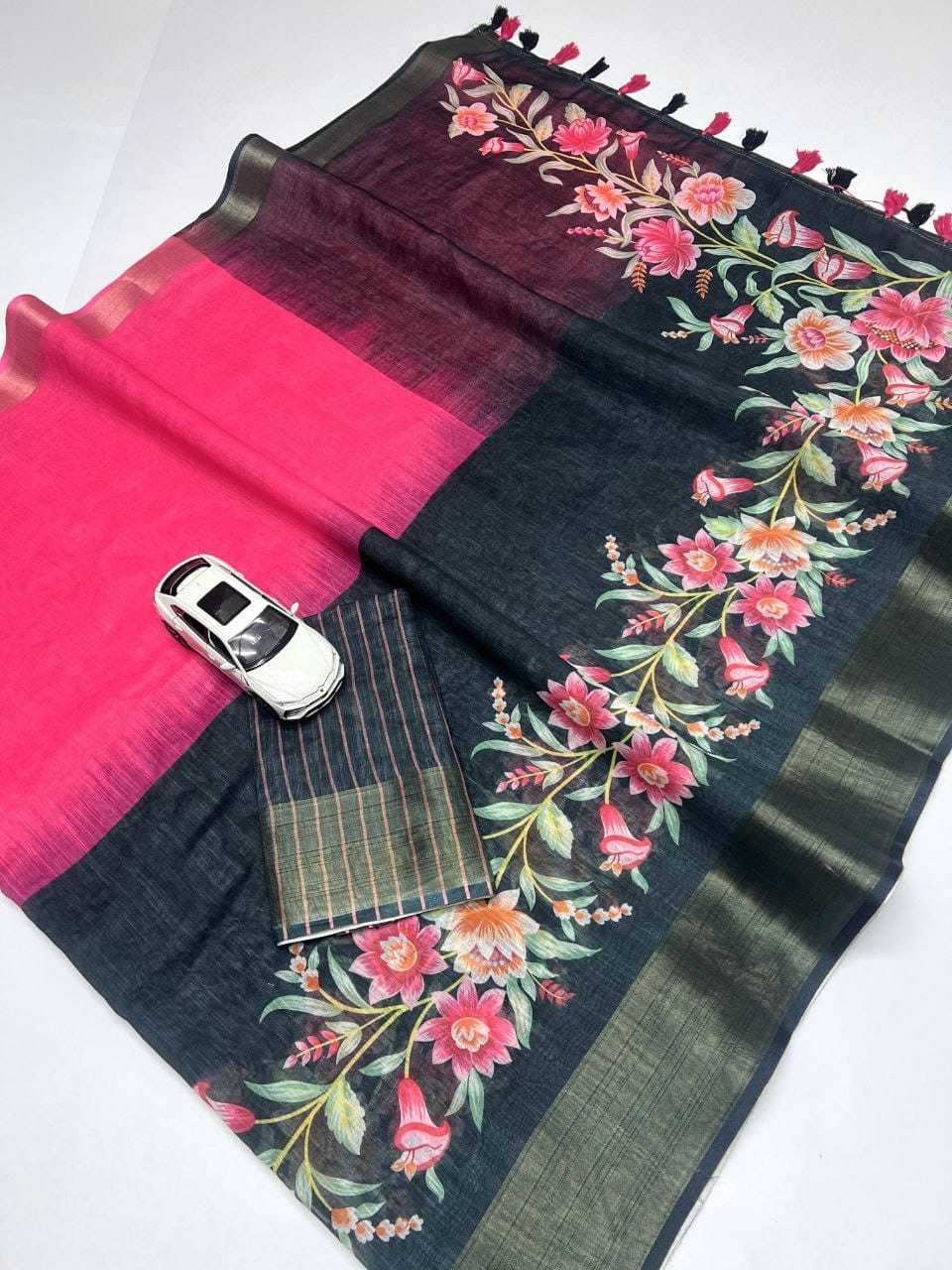 Linen Printed Saree in Pink