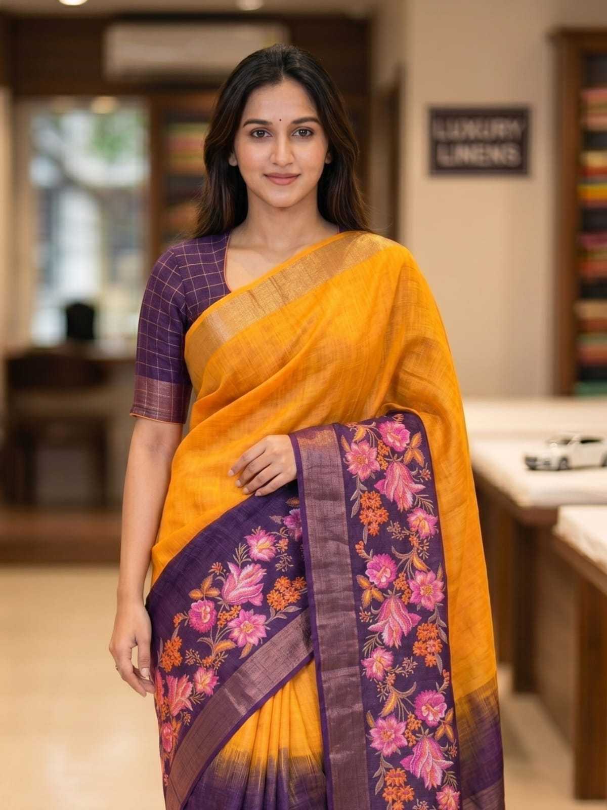 Linen Printed Saree in Pink