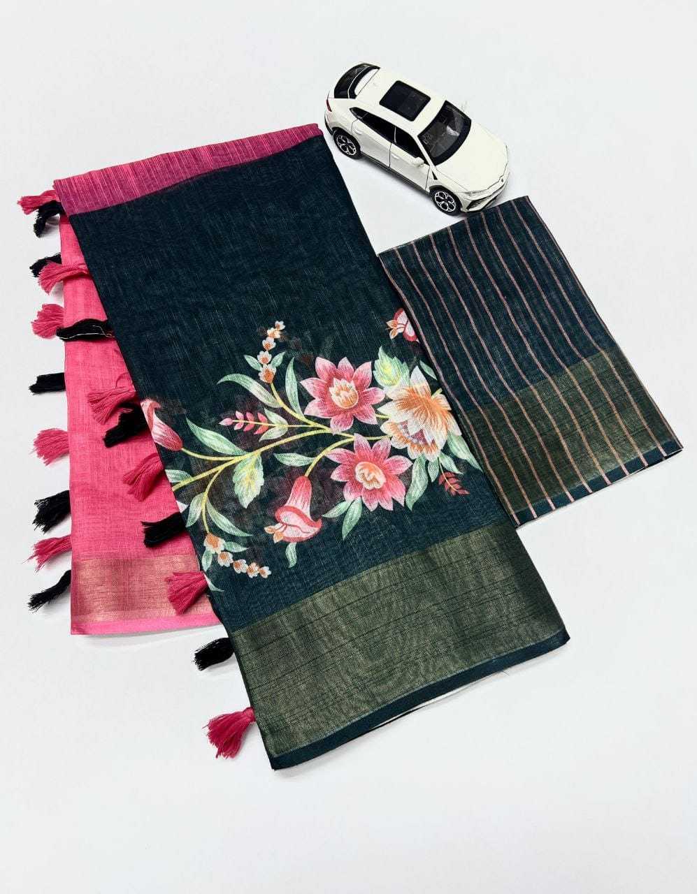 Linen Printed Saree in Pink