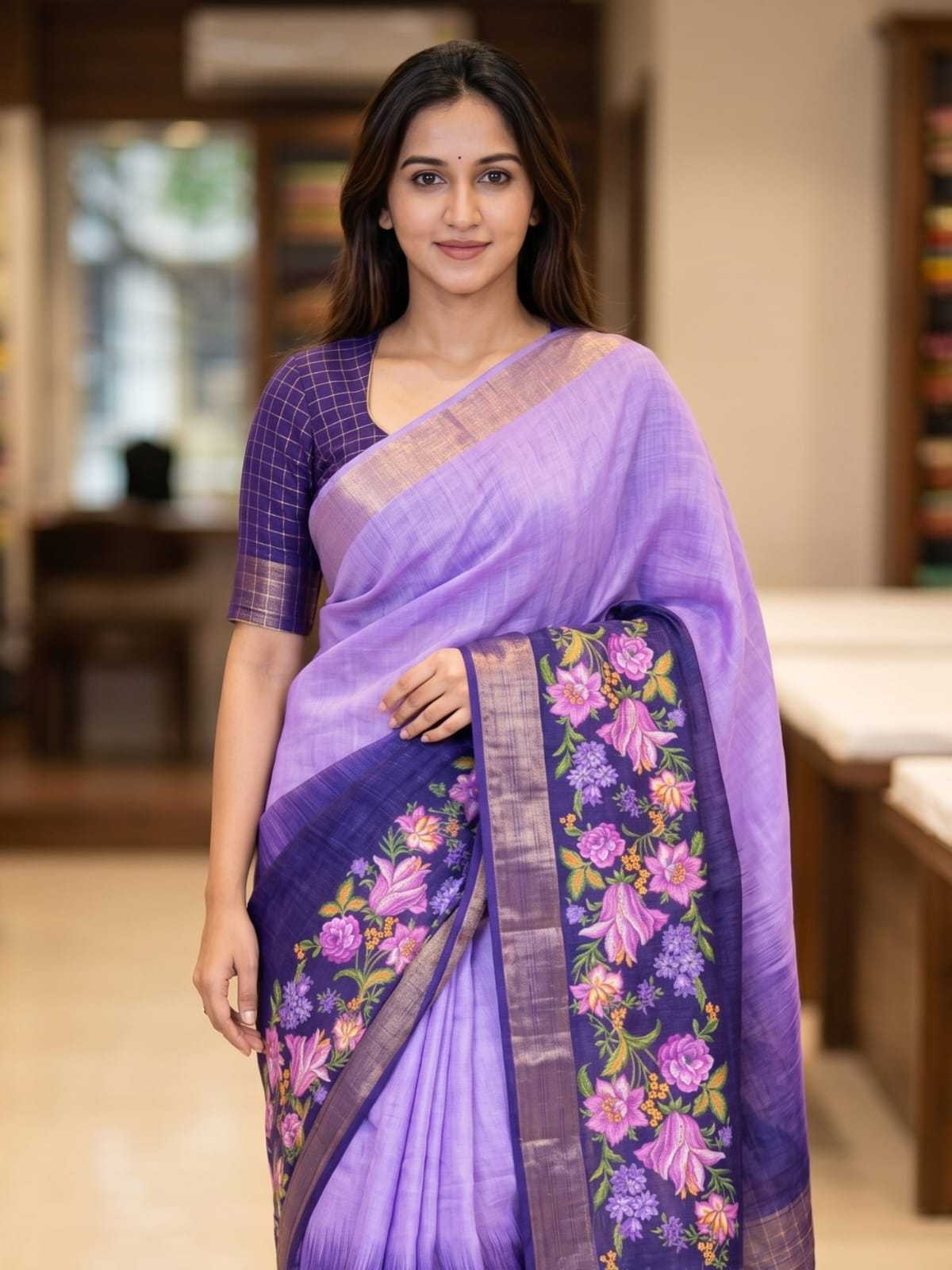 Linen Printed Saree in Pink