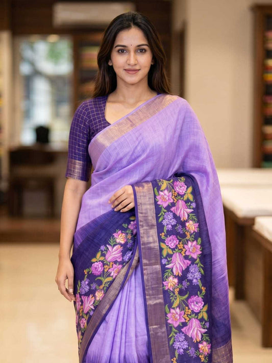 Linen Printed Saree in Pink