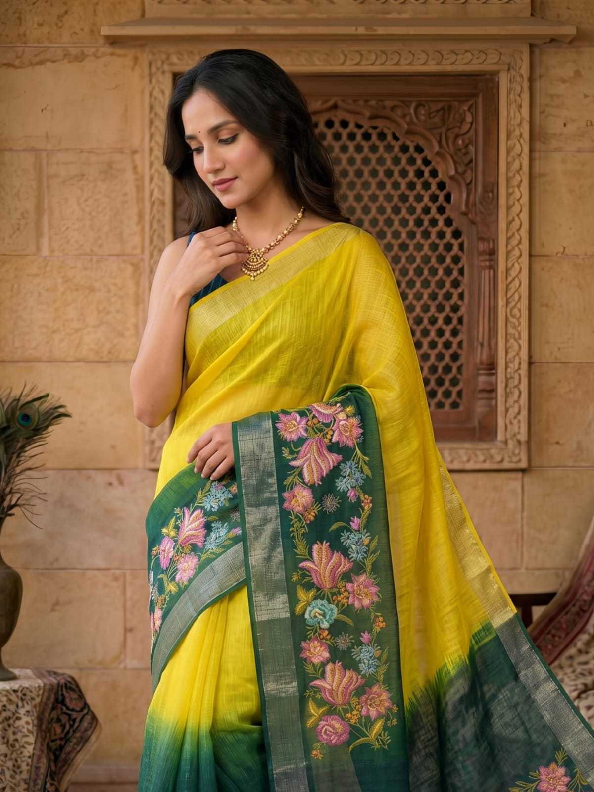 Linen Printed Saree in Pink