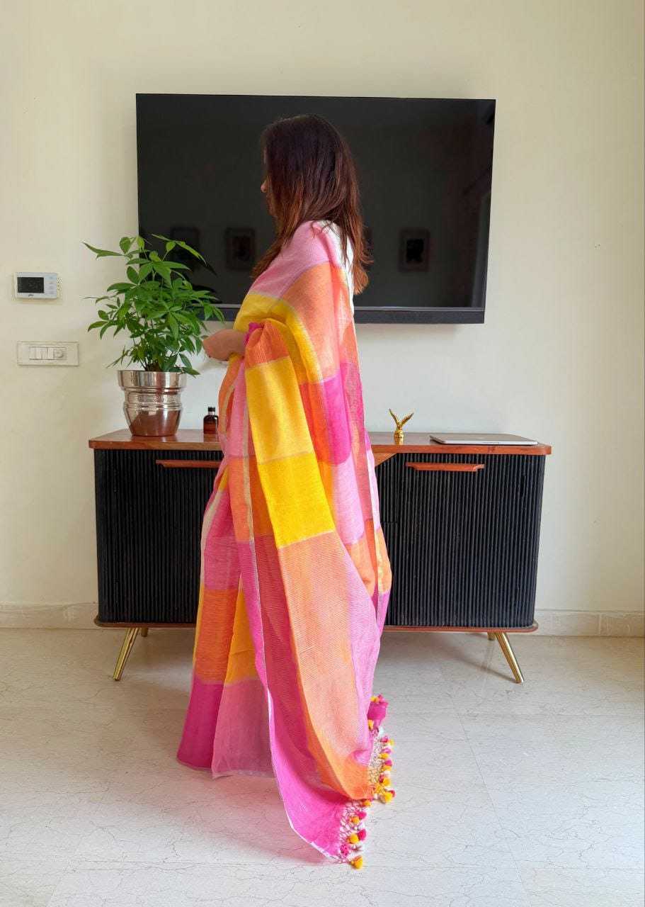 Linen Designer Saree in Yellow