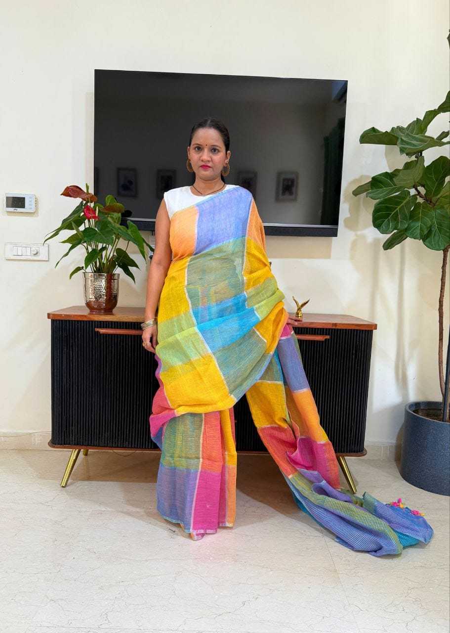 Linen Designer Saree in Yellow