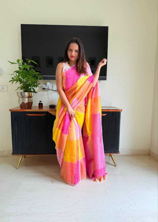 Linen Designer Saree in Yellow