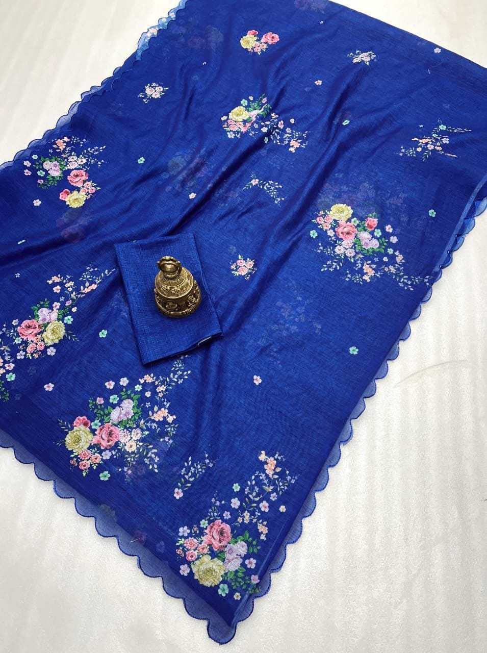 Linen Printed Saree in Deep Blue