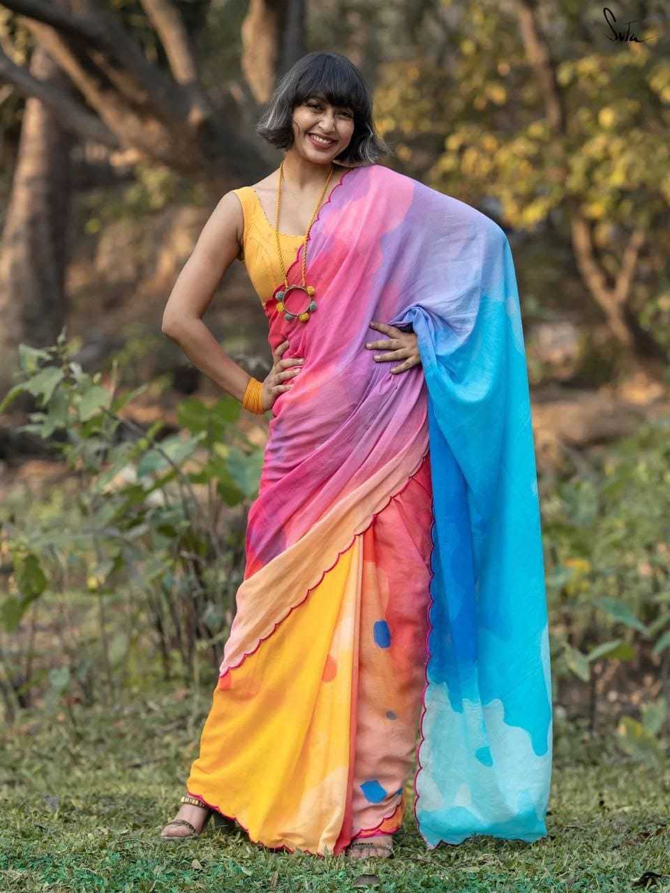 Linen Printed Saree in Deep Blue