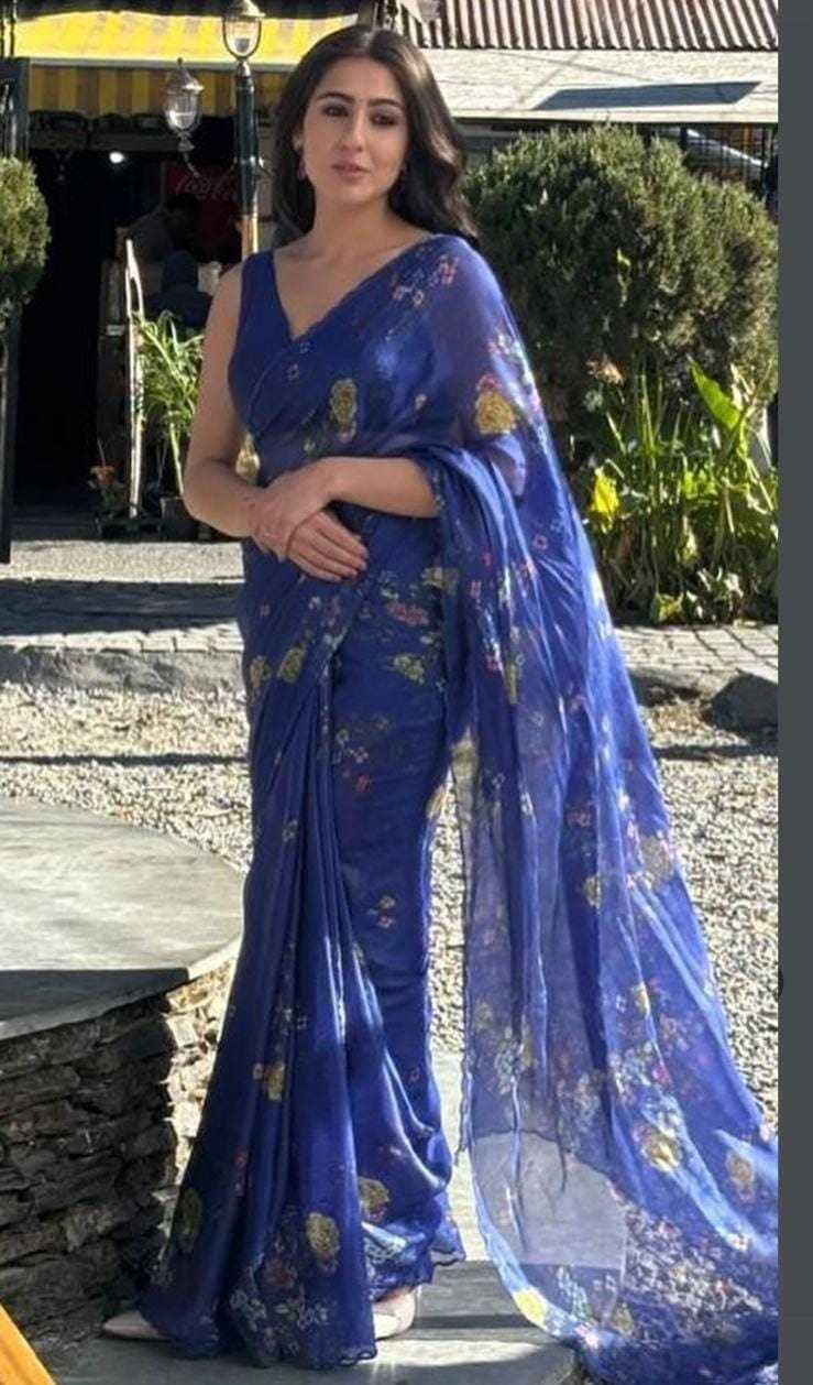Linen Printed Saree in Deep Blue