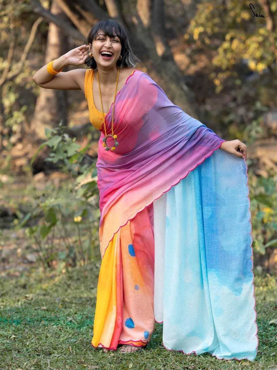 Linen Printed Saree in Deep Blue