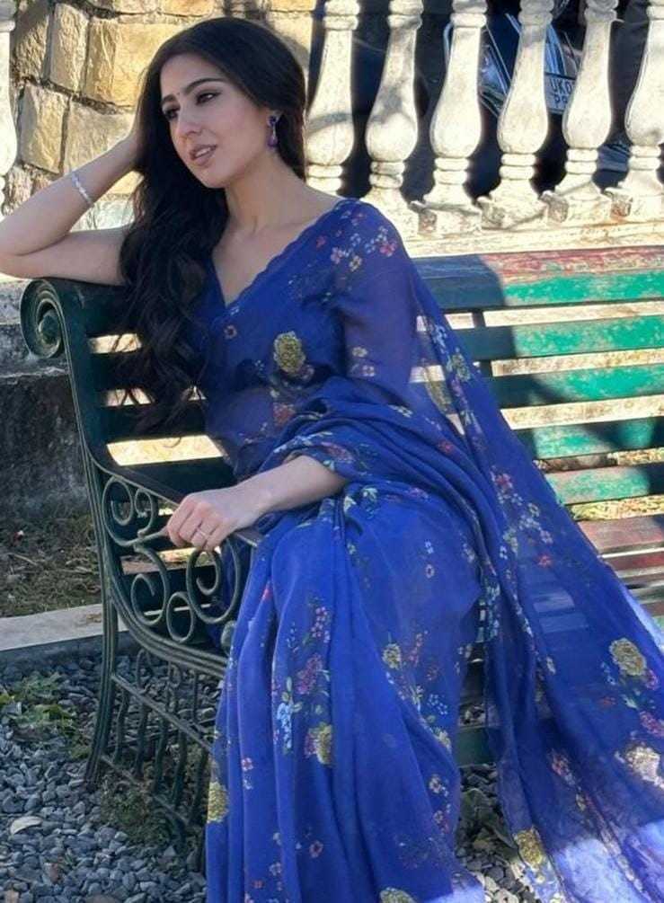 Linen Printed Saree in Deep Blue