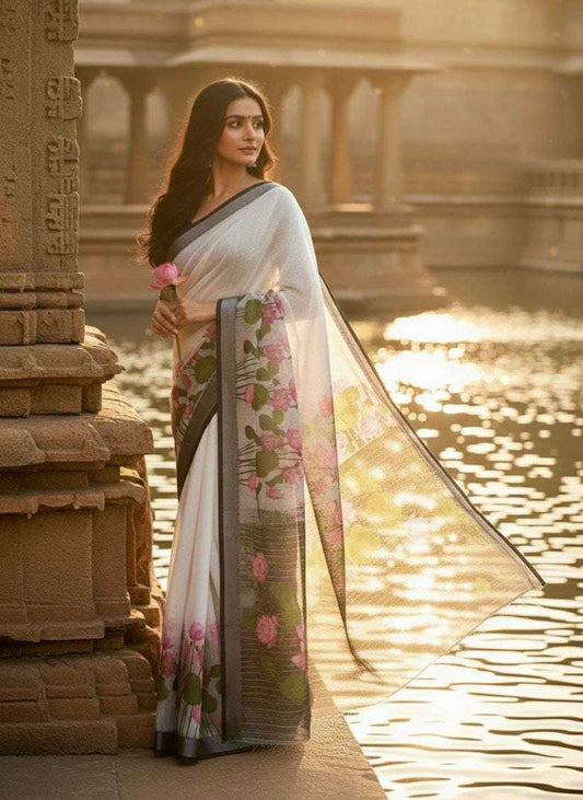 Linen Printed Saree in Lime Green