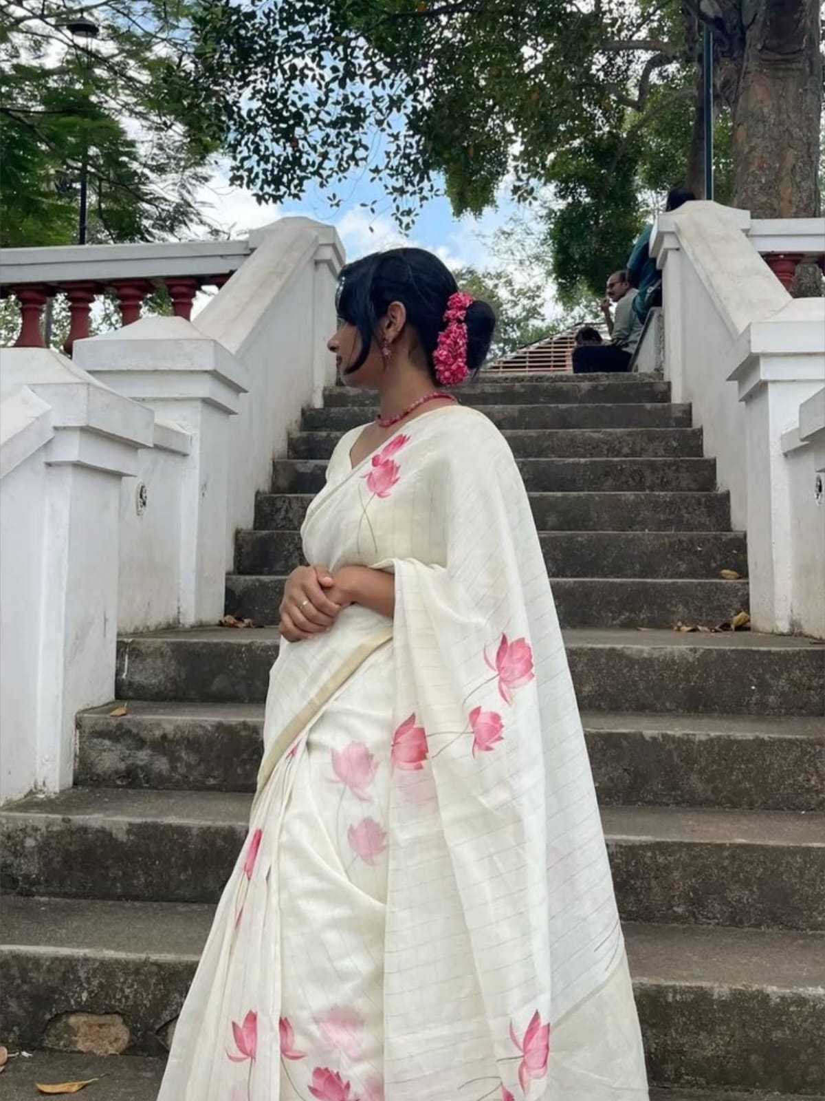 Linen Printed Saree in Black Currant