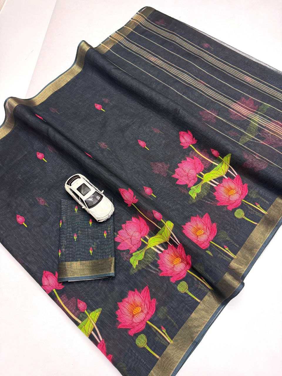 Linen Printed Saree in Black Currant