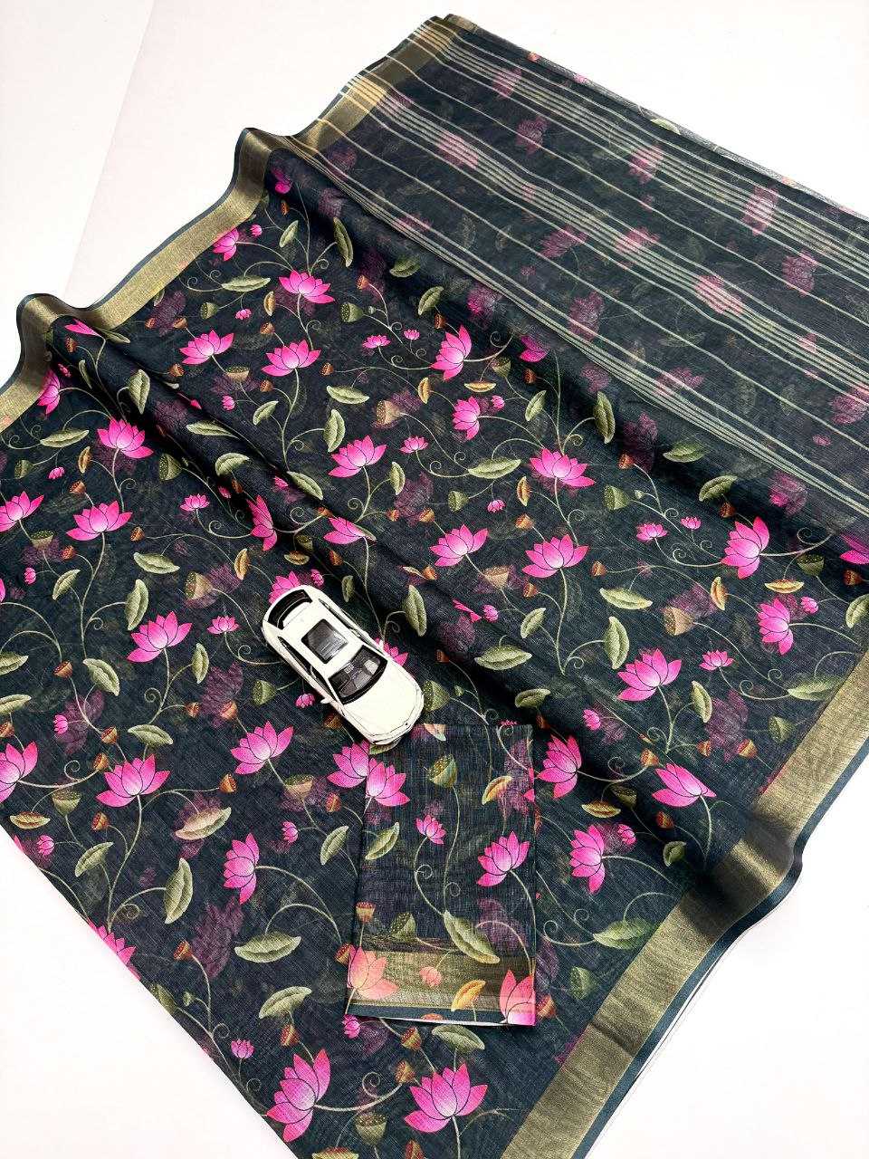 Linen Printed Saree in Black Currant