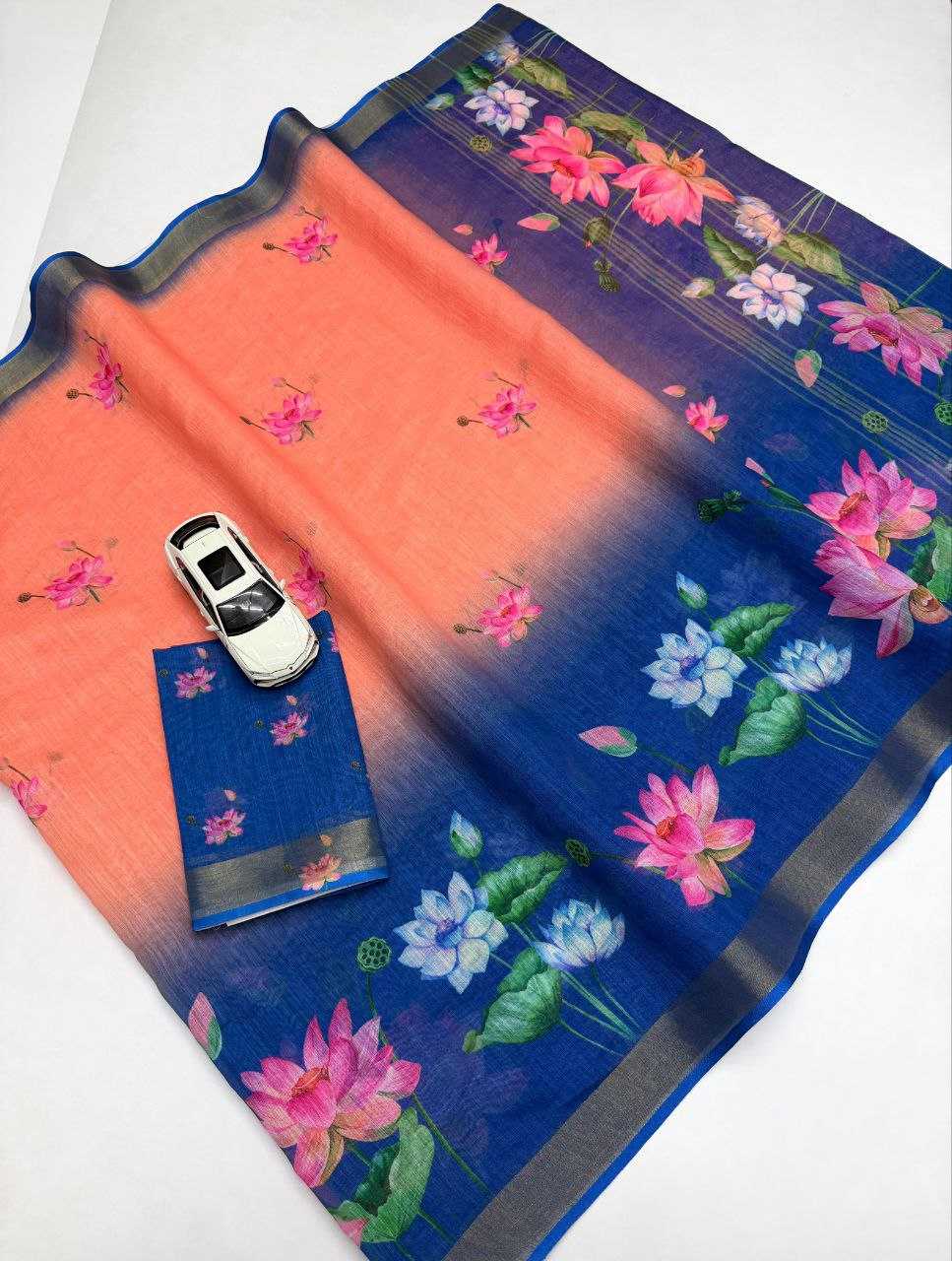 Linen Printed Saree in Black Currant