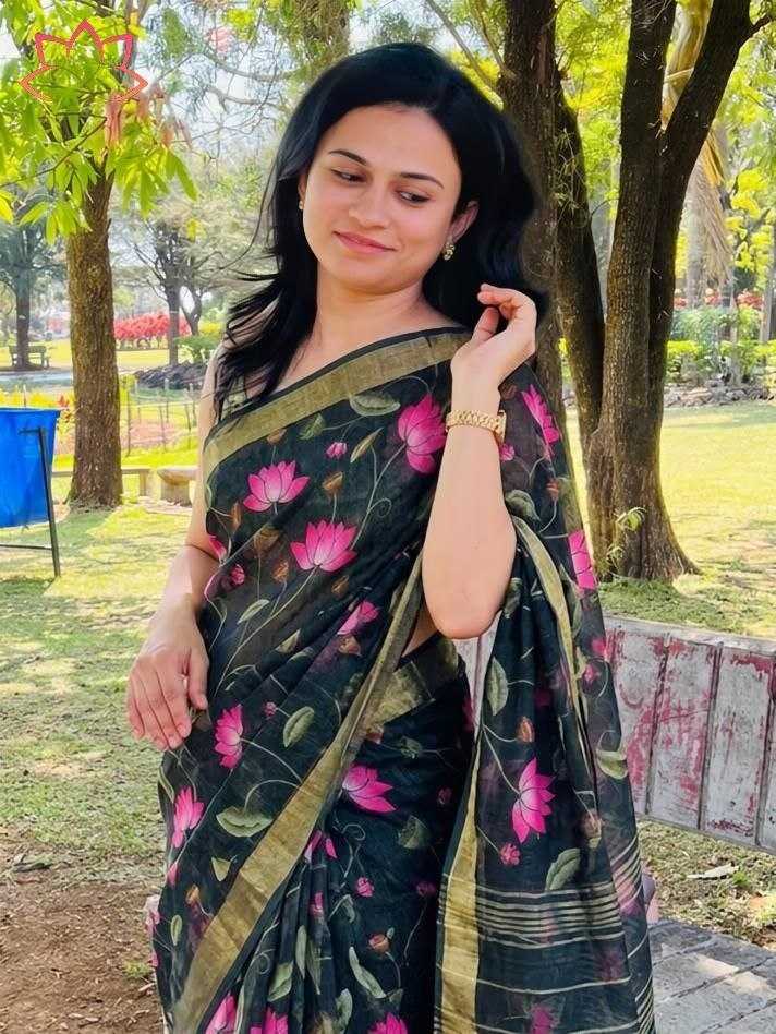 Linen Printed Saree in Black Currant