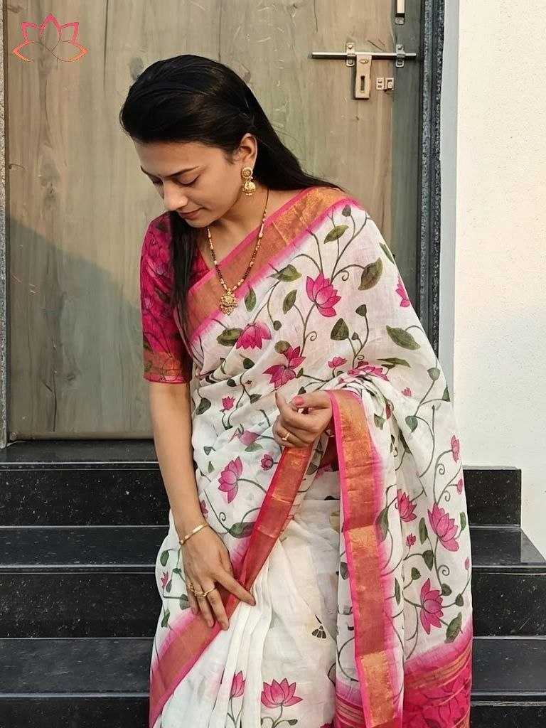 Linen Printed Saree in Black Currant