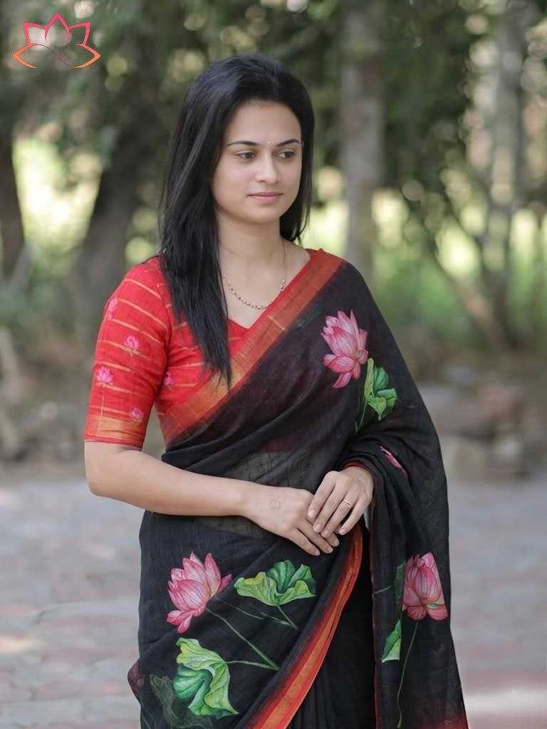 Linen Printed Saree in Black Currant