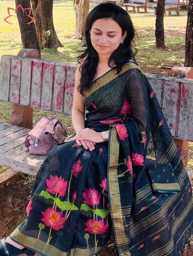 Linen Printed Saree in Black Currant