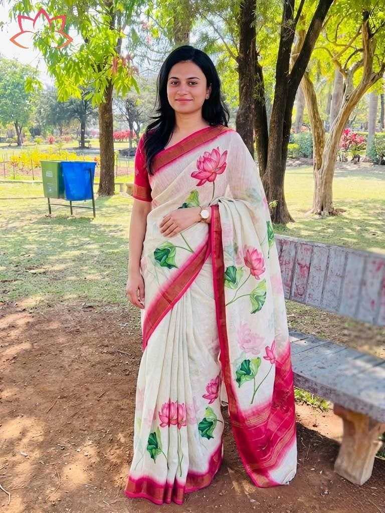 Linen Printed Saree in Black Currant