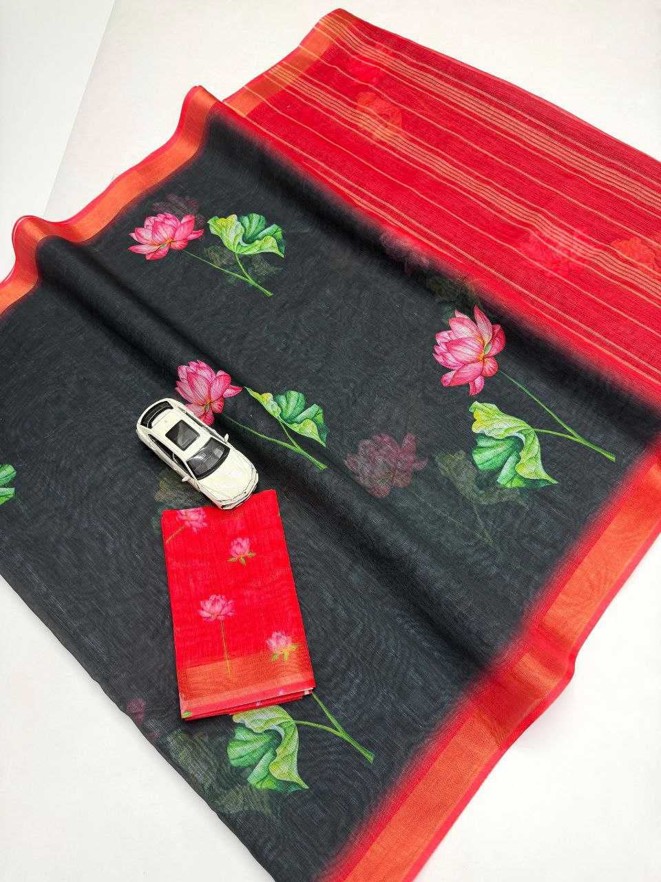 Linen Printed Saree in Black Currant