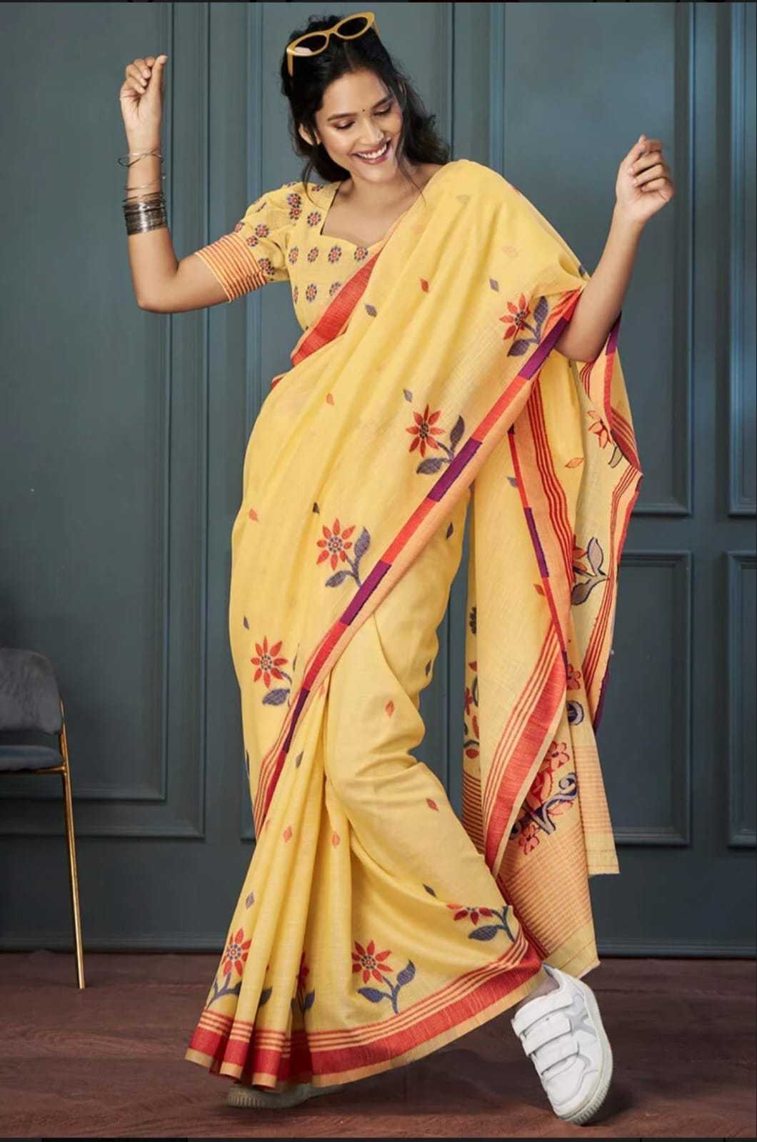 Linen Fancy Saree in Yellow
