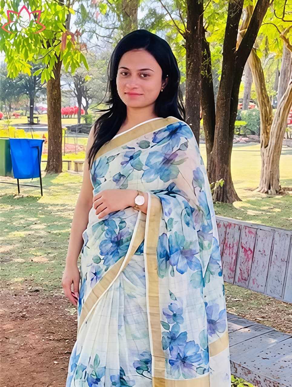 Linen Printed Saree in Blue