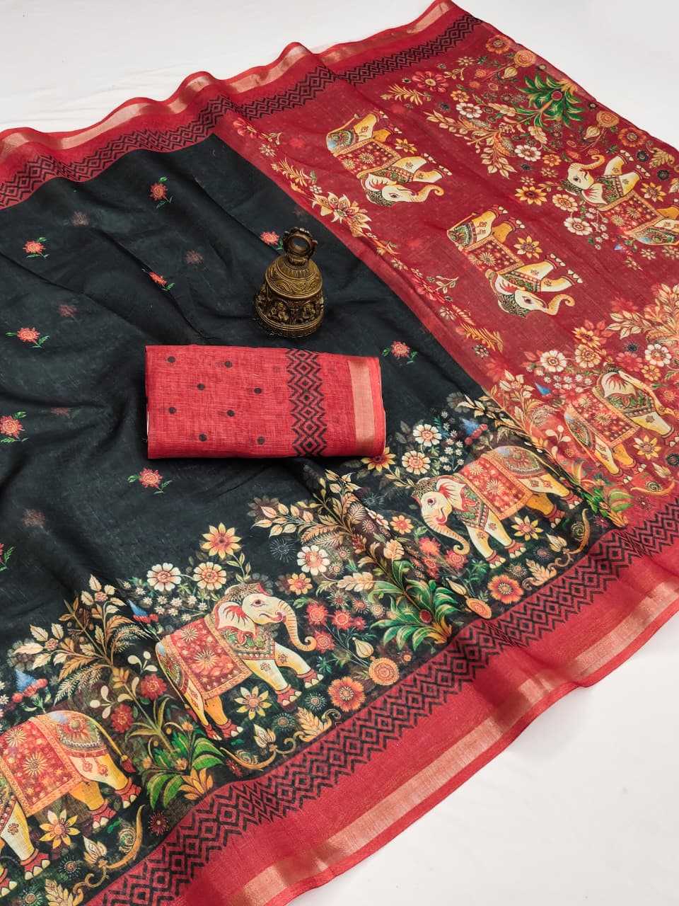 Linen Printed Saree in Jungle Green