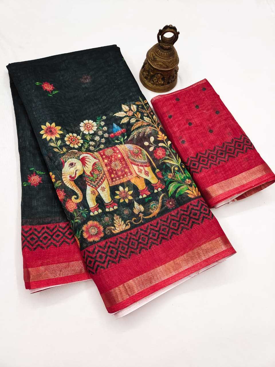 Linen Printed Saree in Jungle Green