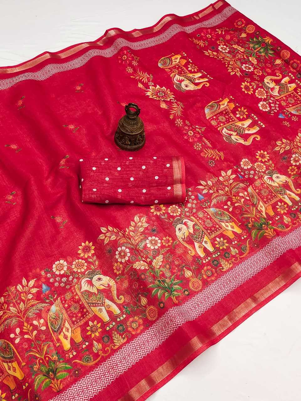 Linen Printed Saree in Jungle Green