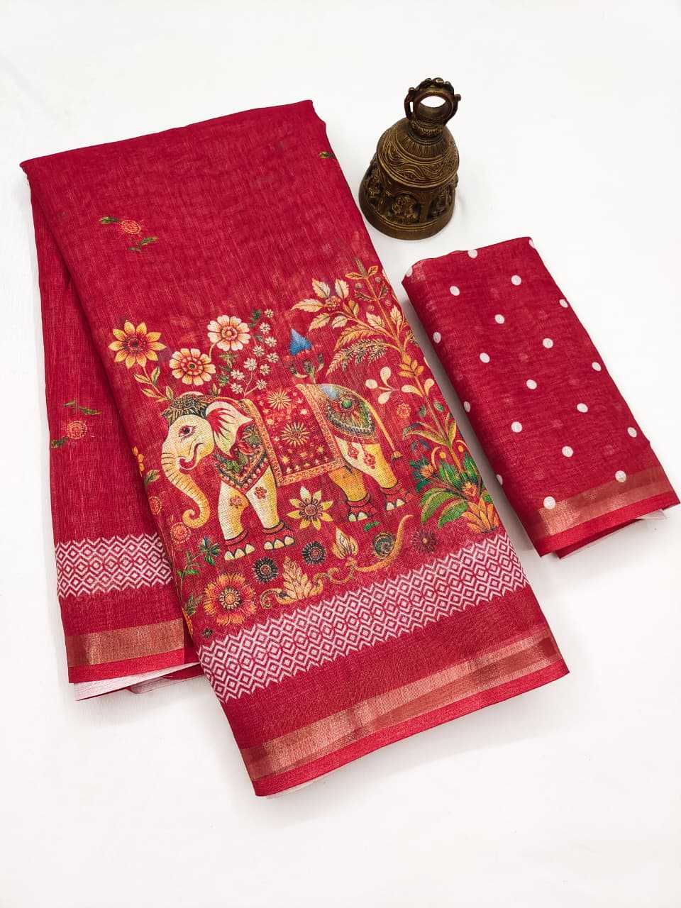 Linen Printed Saree in Jungle Green