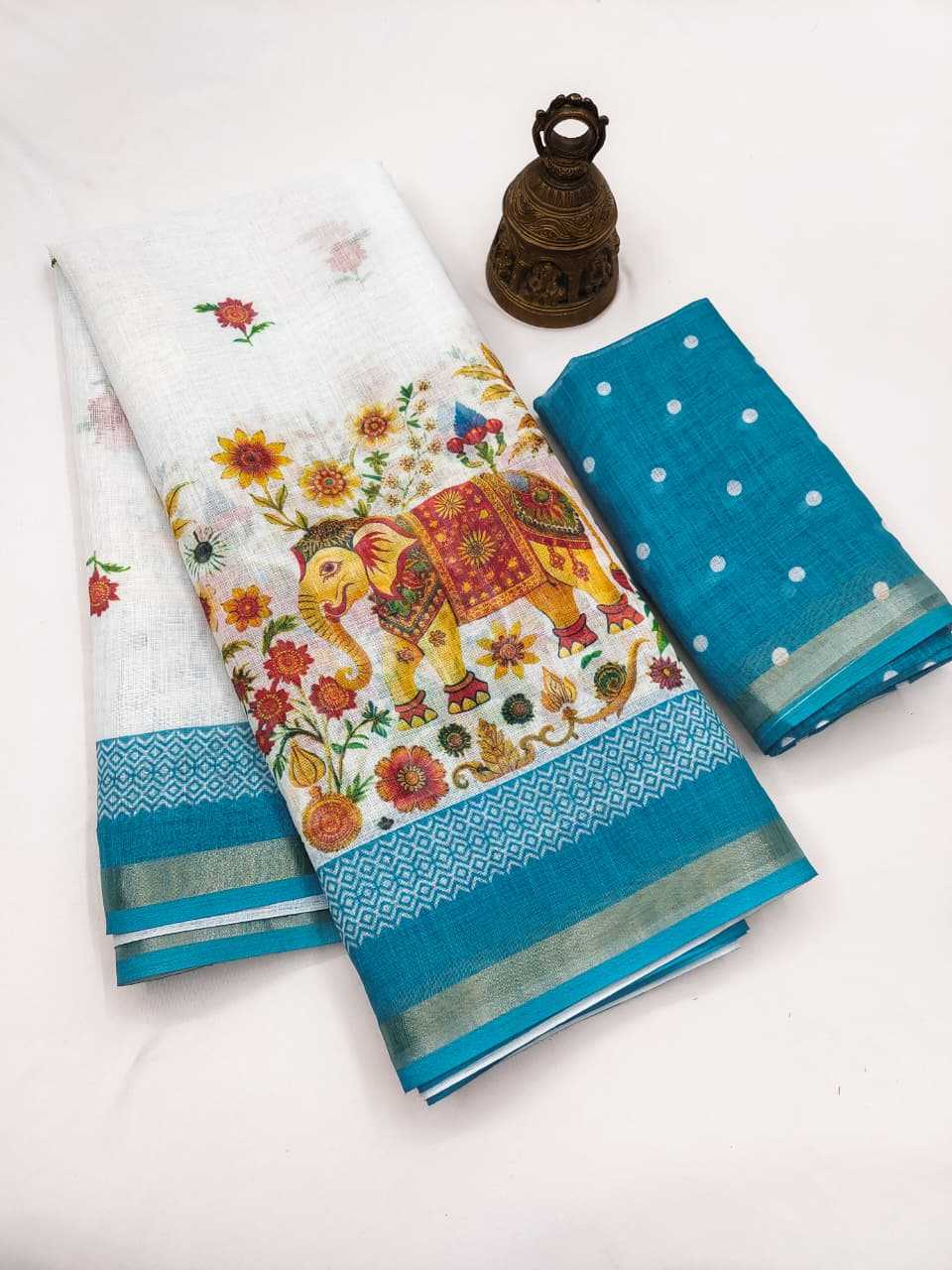 Linen Printed Saree in Jungle Green