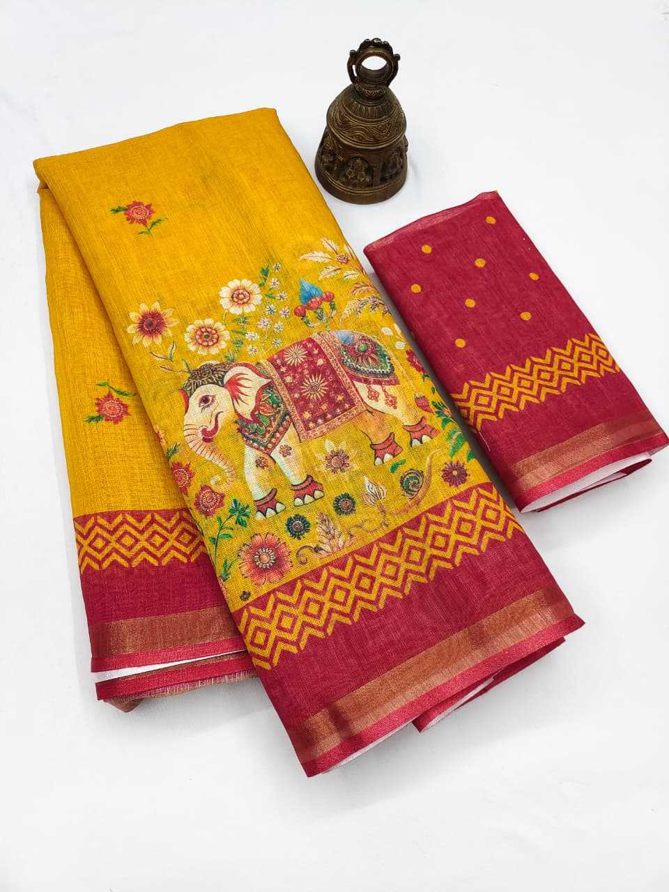 Linen Printed Saree in Jungle Green