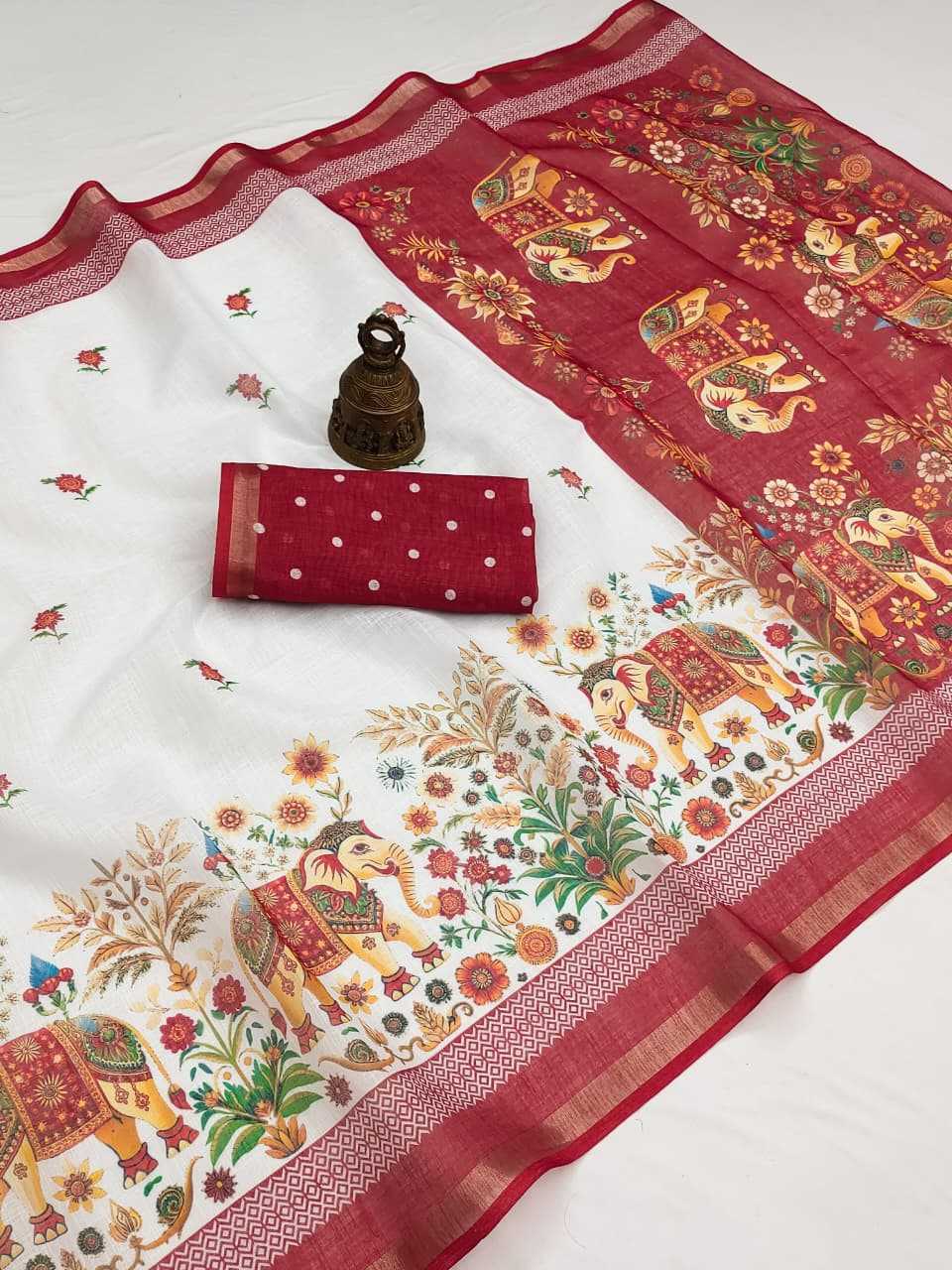 Linen Printed Saree in Jungle Green